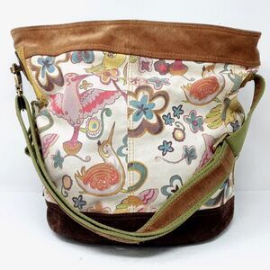 Lucky Brand Floral Bird Canvas & Suede Satchel in Cream, Brown, Green